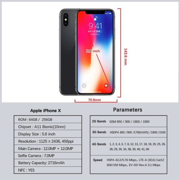 Original iPhone X CellPhone Unlocked 3GB RAM 64GB 256GB ROM 5.8  4G LTE 12MP 2 Rear Camera  Hexa Core Apple Mobile Phone on Sale