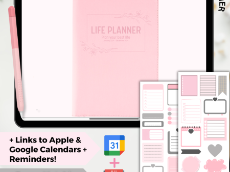 2024 Fully Hyperlinked Pink Minimalistic Life Planner (w  Links to Google & Apple Calendars + Reminders) Online Sale